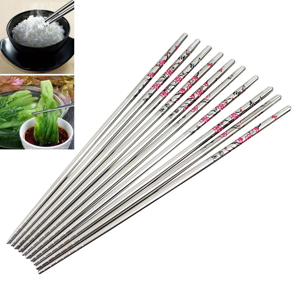 

10 Pairs Stainless Steel Round Chinese Chopsticks Plum Flower Pattern Home Kitchen Restaurant Chop Sticks Flatware Cutlery
