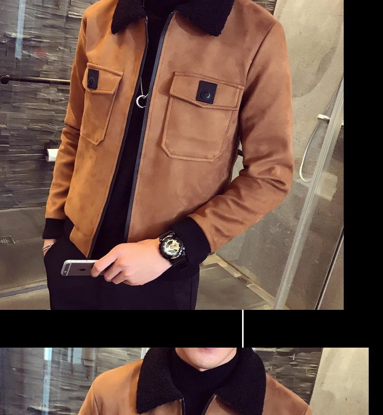 Winter Bomber Homme Men Suede Jacket Erkek Khaki Thick Warm Slim Fit Winter Jacket Deri Ceket Coats Mens Fur Collar