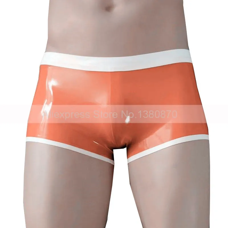 

Orange and White Latex Man Rubber Boxer Shorts Panties Male Latex Rubber Wear no Zip S-LPM042