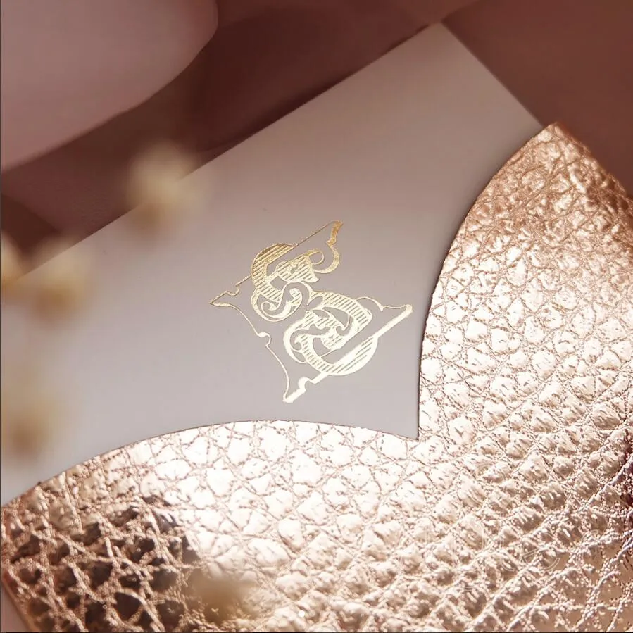  Cocostyles diy generous gold foiling wedding invitation with rose gold leather pocket and red ribbo - 32878241361