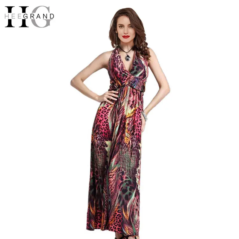

HEE GRAND Sexy Club Dress 2018 Women Beach Dress Summer Print Vintage Party Bohemian Peacock Leopard Backless Dress WQW107