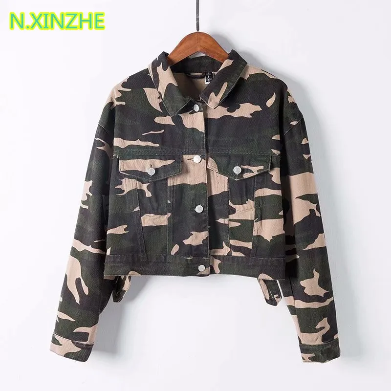 Женская одежда с длинным рукавом Камуфляжный принт джинсовая куртка короткое пальто Женская мода Военная Свободная джинсовая верхняя одежда W2584