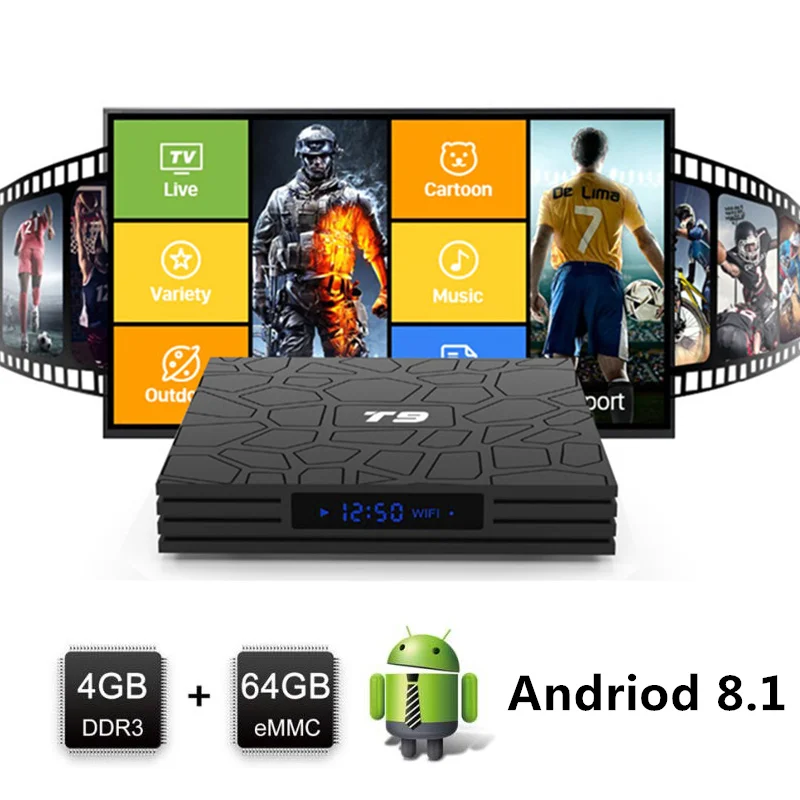 

t9 android tv box android 8 1 smart box tv android 8.1 4gb 64 ddr3 Rk3328 Quad Core 2.4 & 5 g WIFI BT4.0 android tv set top box