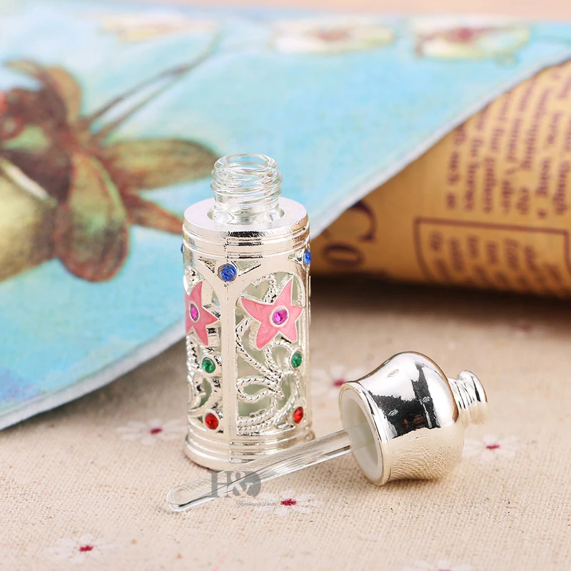 

H&D Vintage Metal Glass Jeweled Dropper Essential Oils Perfume Bottle Silver 3ml