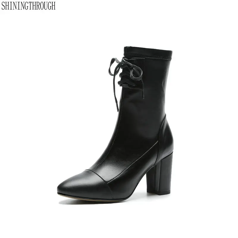 

Boots Women 2019 Autumn Ankle Boots Genuine Leather Motorcycle Boots Fashion Lace Up poined Toe Shoes for Women large size 33-43