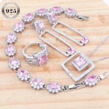Pink Zircon Wedding Silver 925 Bridal Jewelry Sets For Women Costume Jewelry Necklace Pendant Earrings Rings Set Free Box