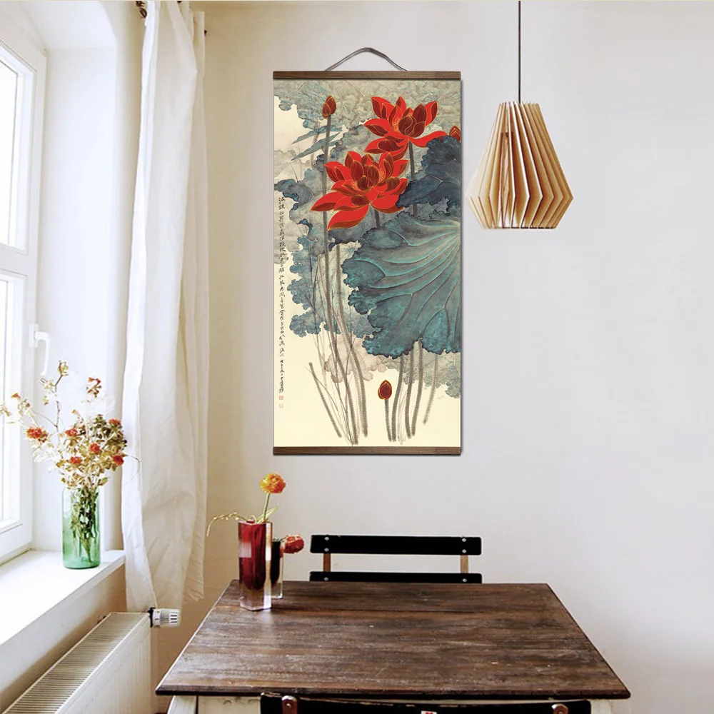 Günstig Chinesischen stil landschaft Grünen pflanzen leinwand dekorative malerei Shop schlafzimmer wohnzimmer wand kunst massivholz scroll gemälde