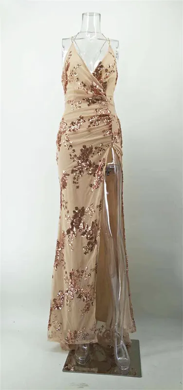 HAMBELELA Women Maxi Dresses Sequin Split Long Dress Backless Evening Party Bandage Dress Side Slit V Neck Dress Vestidos Robe (13)
