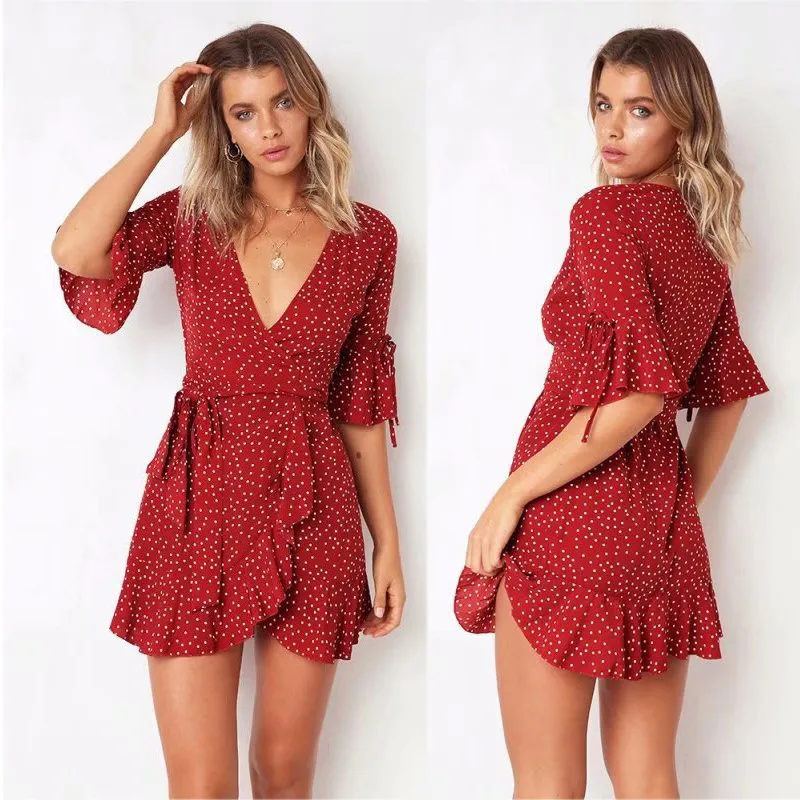 yinlinhe Red Polka Dot Summer Dress Short Sleeve V neck Sexy Wrap Dress Women Slim Waist Elegant Boho Ruffles Vestidos   4