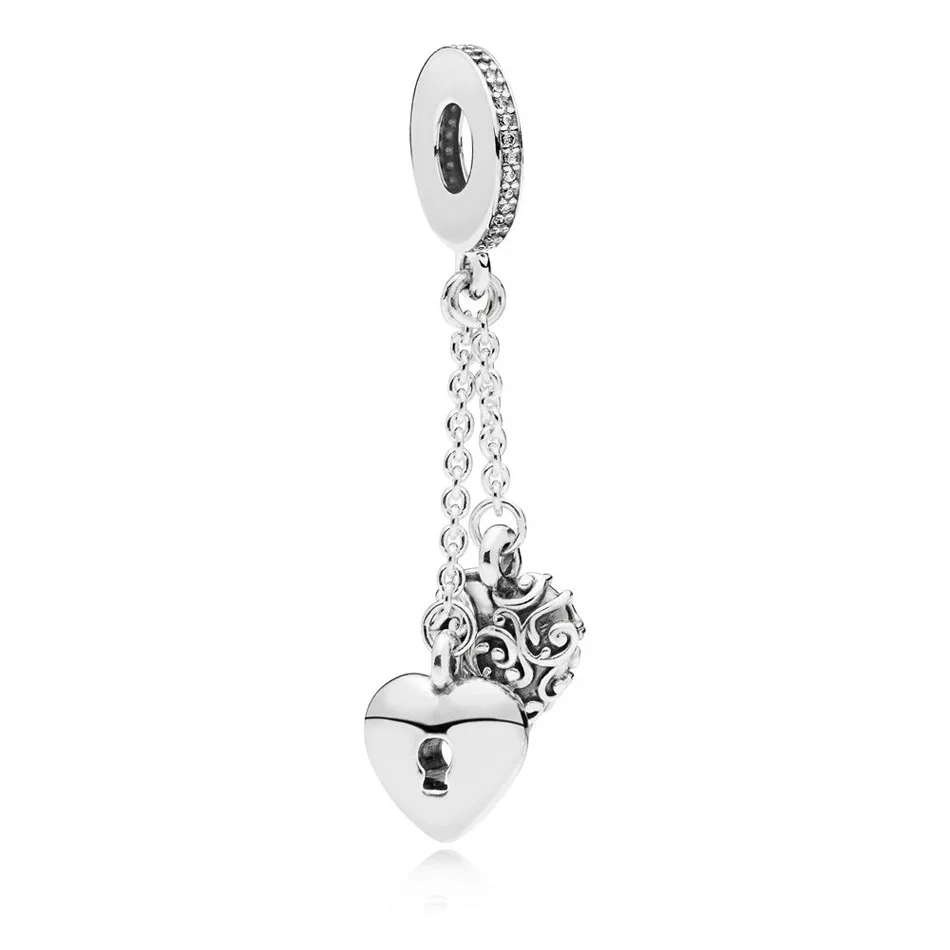 

Authentic 925 Sterling Silver DIY Jewelry Lock & Heart Dangle Pendant fit Lady Necklaces Clear CZ