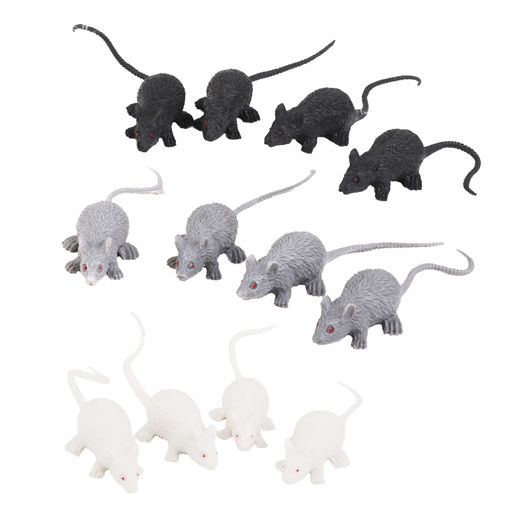 12 Pieces Plastic Vivid Rats Halloween Rodents Animals Model Party Jokes Black Grey White Mouse Prop