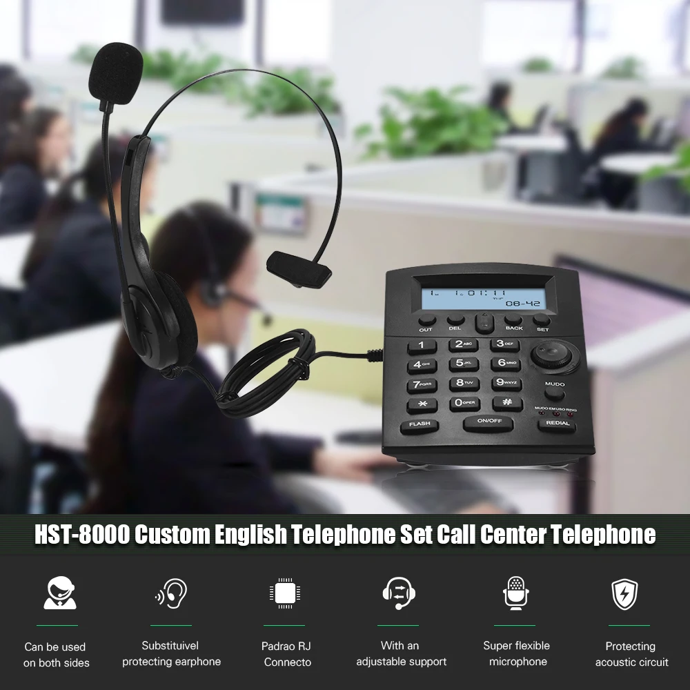 

HST-8000 Telefon Headset Telephone Telefone Call Center Telephone Set With Protecting Earphone Flexible Microphone LCD Display