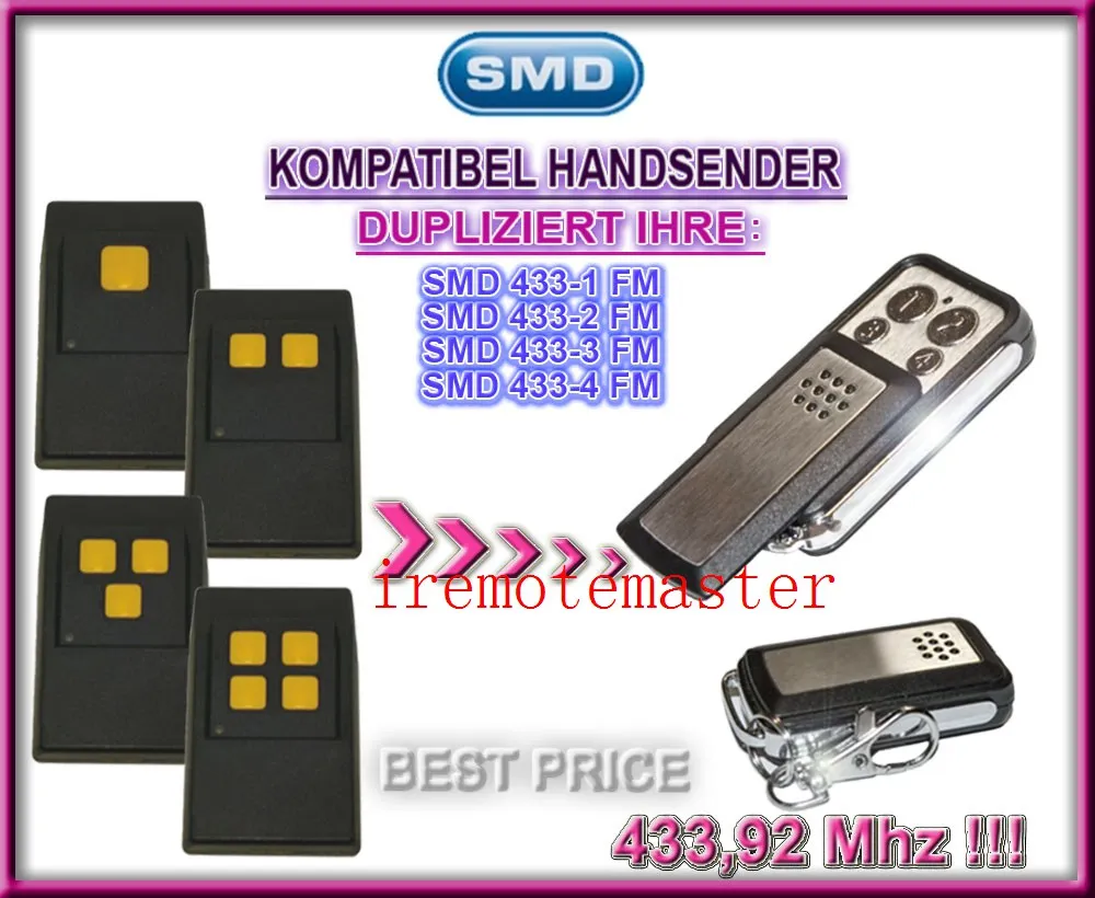 

2 pieces/lot! SMD 433-1FM, 433-2FM, 433-3FM, 433-4FM replacement remote 433,92mhz fixed code