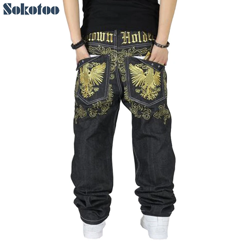 Sokotoo джинсы в стиле хип-хоп Уличная Мужская Вышивка прямые свободные повседневные брюки мужские размера плюс модные хип-хоп джинсы