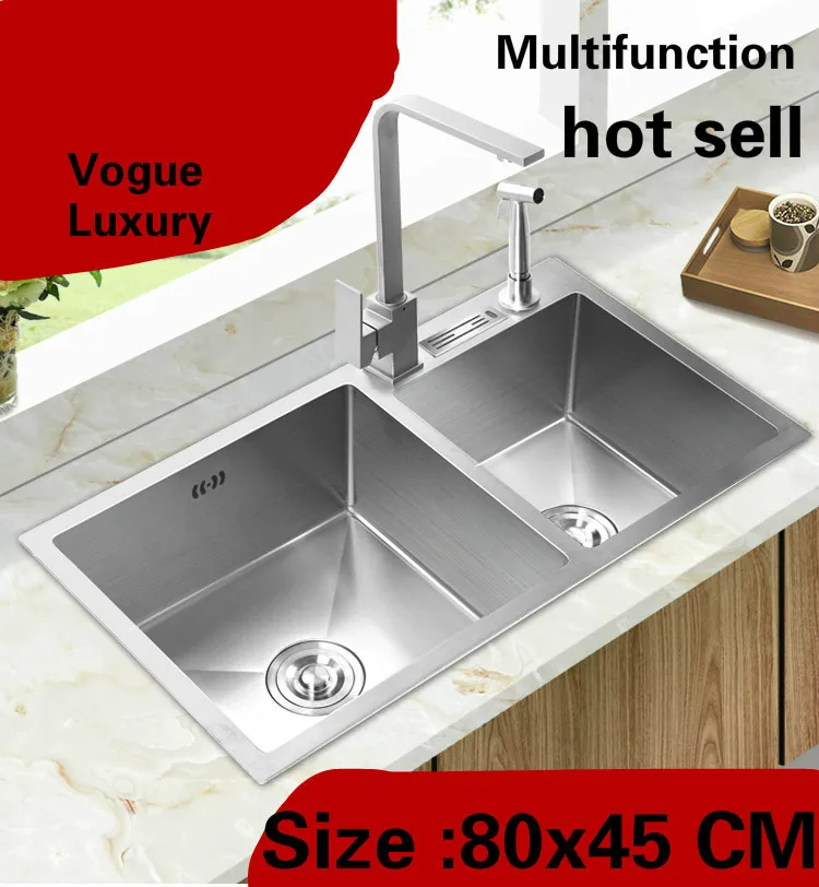 

Free shipping Apartment kitchen manual sink double groove high quality wash vegetables 304 stainless steel hot sell 80x45 CM