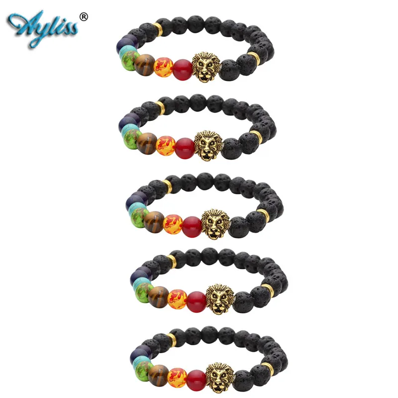 

Ayliss Bulk Price Lava Rock Stone Matte Black Stone Mens Gem Stone Bead Elastic Bracelet W/Gold Lion Head Stone Bracelet Jewelry