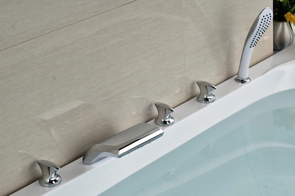 

Deck Mounted Widespread Bathroom Waterfall Shower Faucet Mixer Tap With Hand shower Chrome Finished