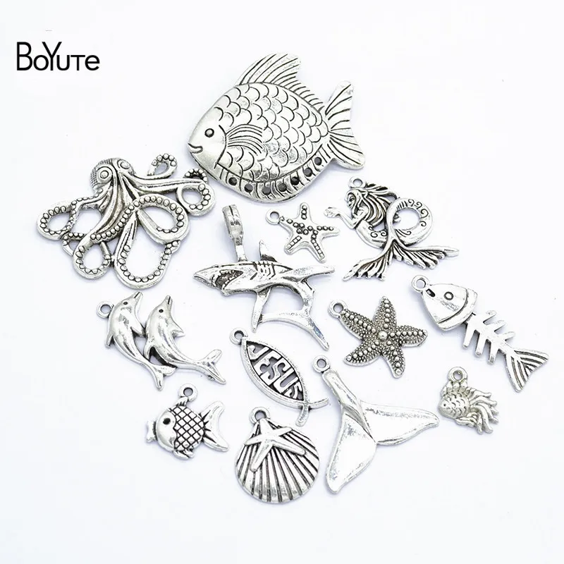 BoYuTe Factory Direct Wholesale Mix 13 Styles Tibetan Silver Marine Animal Fish Pendant Charms for Jewelry Making (3)