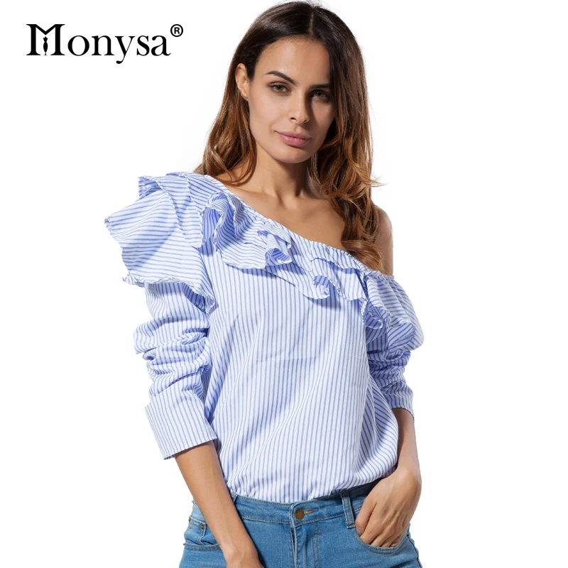 

Off Shoulder Blouses Women Fashion Trends Clothing 2018 New Fashion Long Sleeve Shirt Women Striped Tops With Ruffles