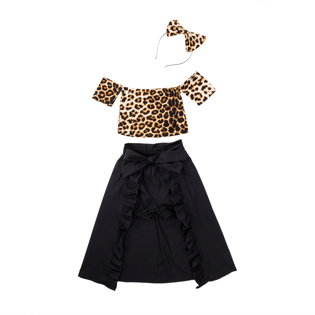 

Summer Baby Girl Clothes Set Girls Leopard Print Off Shoulder Top Dovetail Skirt Pants Headband Kids Outfits Sets 2-6T