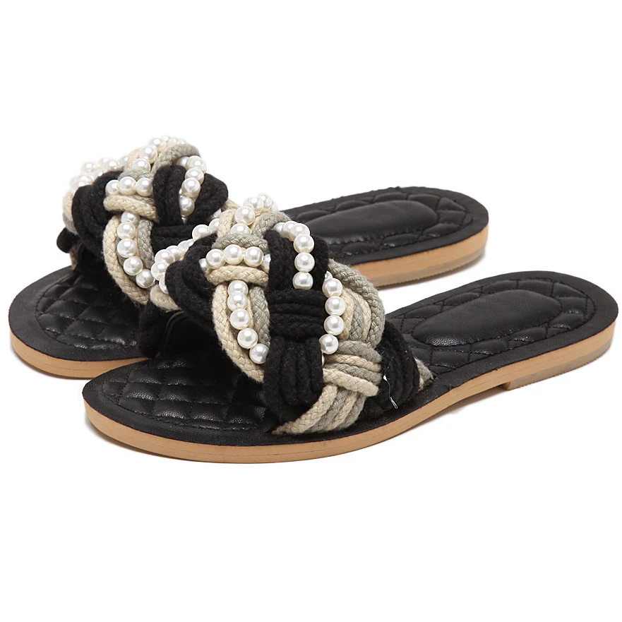 

2017 Fashion Show Women Espadrilles Flat Slippers Beading Sandals Plaid Design Beach Sandals Gladiator For Summer Women Shoes