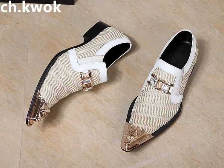 CH.KWOK White Metal Decor Men Genuine Leather Oxfords Slip On Mens Wedding Dress Shoes Pointed Toe Business Leather Shoe Flats