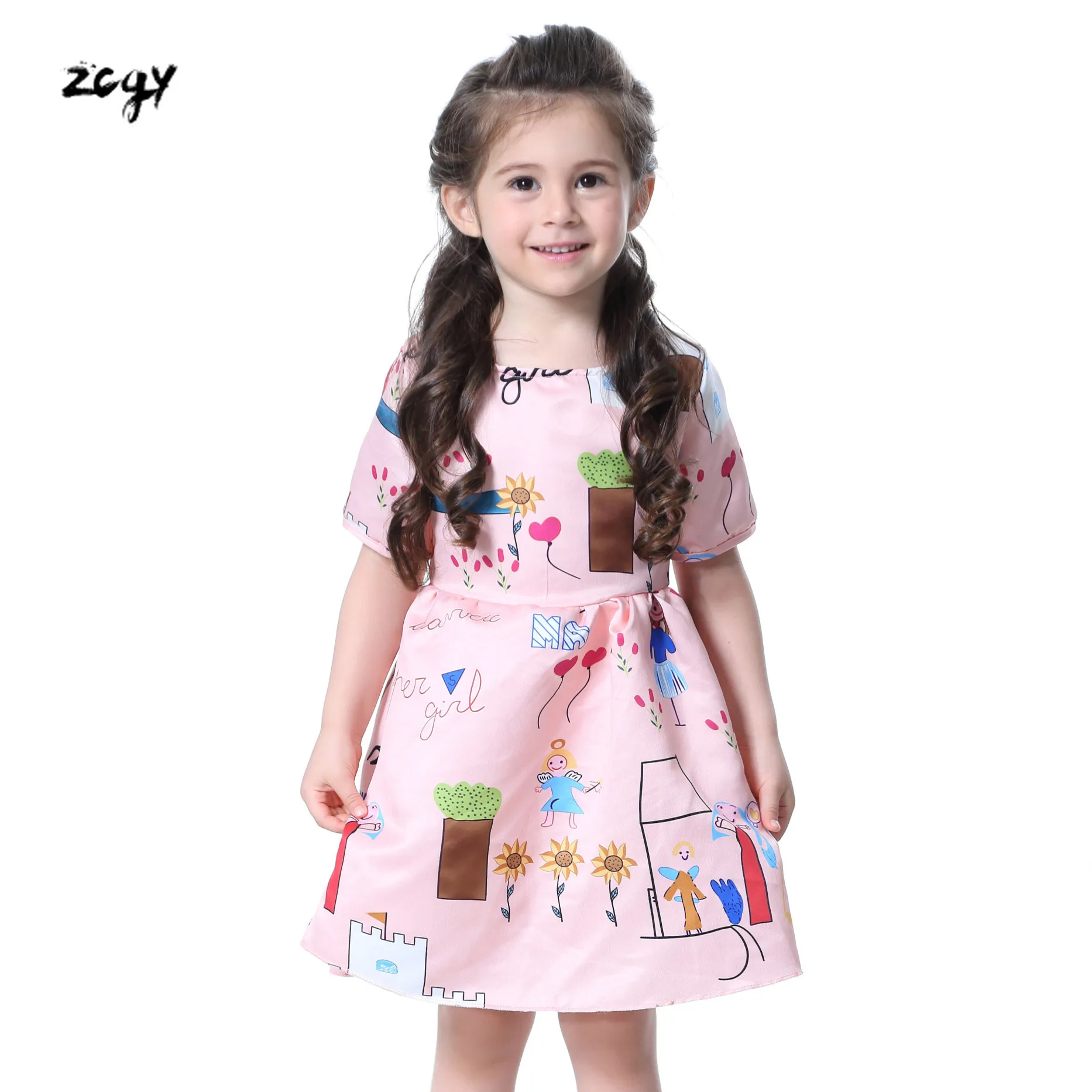 

Girls Dress 2018 Fashion Kids Girls Dress Pink SunFlower Short Sleeve Princess Dress Fashion Kids Dresses Children's Clothing D4