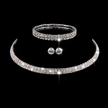 

Fashion Wedding Jewelry Sets Sparkling Rhinestone Crystal Circle Choker Necklace Brcaelet Earrings Set Women Bridal Jewelry Sets