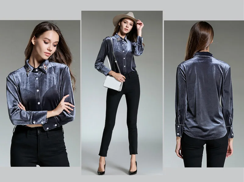 Kostlich Women Elegant Beading Embroidery Blouses And Shirts Autumn Winter Velvet Slim Grey Tops Retro Long Sleeve Casual Shirt (3)