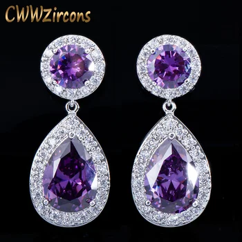 

CWWZircons Beautiful and Good Quality Big Purple AAA+ Cubic Zirconia Crystal Long Drop Earrings For Women Wedding Party CZ016