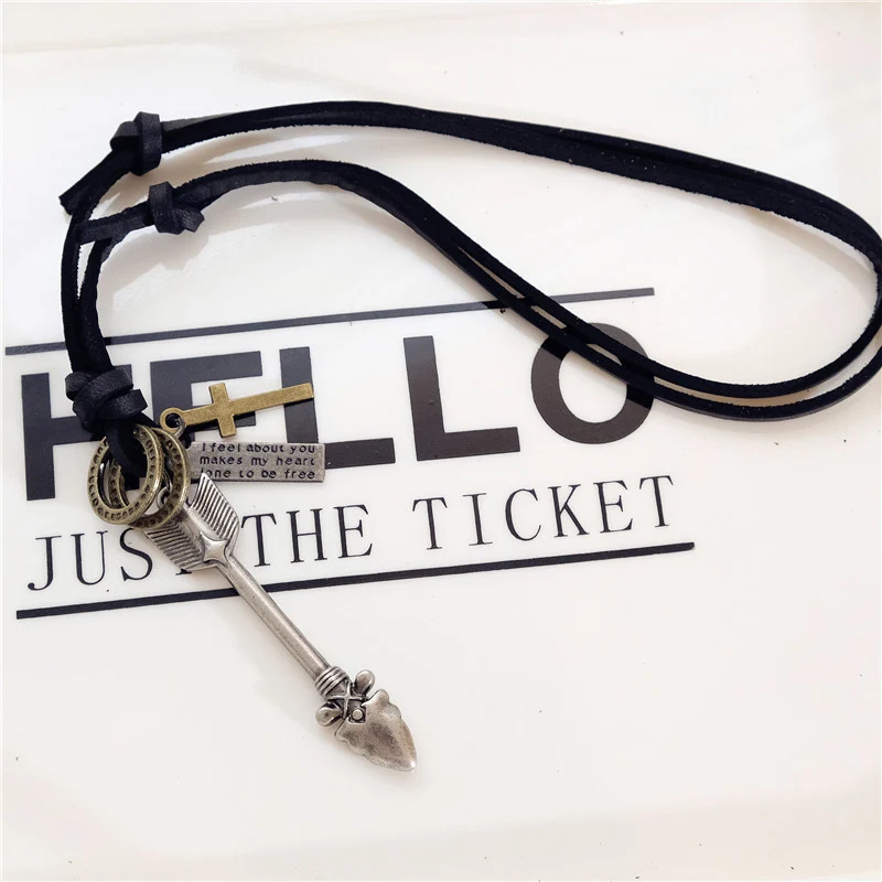 NIUYITID Arrow Feather Pendant Necklace Ancient Silver Color Men Genuine Leather Jewellery Long Rope Asjustable 40-80cm  (7)