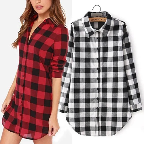 Fashion Women Long Sleeve Plaid Print Shirt Single Breasted Cotton Blouse New Arrival |