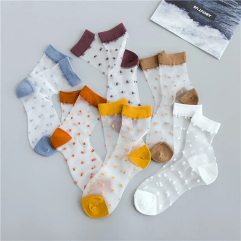 2019 Summer Women Long Socks Crystal Wire Thin Breathable Dot Elastic Funny Cute student wild Middle Tube More C | Женская одежда
