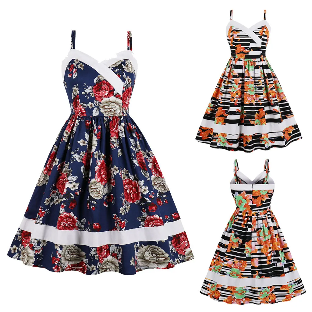 

feitong Women's Fashion Summer Classic Dresses Short SleeveVintage Print Dress Bow Floral Sping Party Dress Sundress Vestidos#3