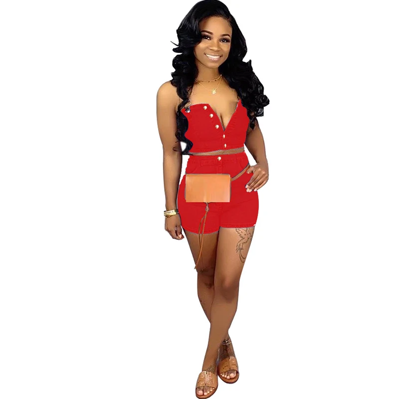Autumn new strap fashion denim jumpsuit two-piece hot sexy solid color button denim jumpsuit set Autumn new strap fashion denim jumpsuit two-piece hot sexy solid color button denim jumpsuit set