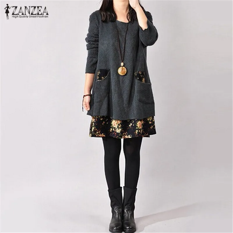 Najtaniej ZANZEA 2019 jesienno zimowa damska w stylu vintage, w kwiaty sukienka z nadrukiem kobiece dorywczo luźne kieszenie z długim rękawem Mini Vestidos Plus rozmiar 4XL