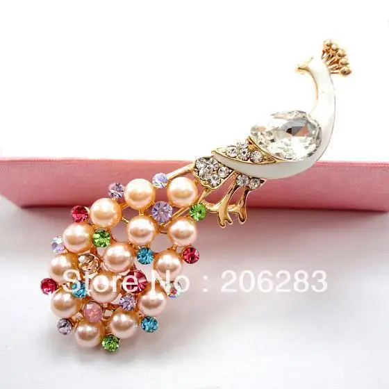 

Fashion crystal women brooches peacock pin scarf clips X526