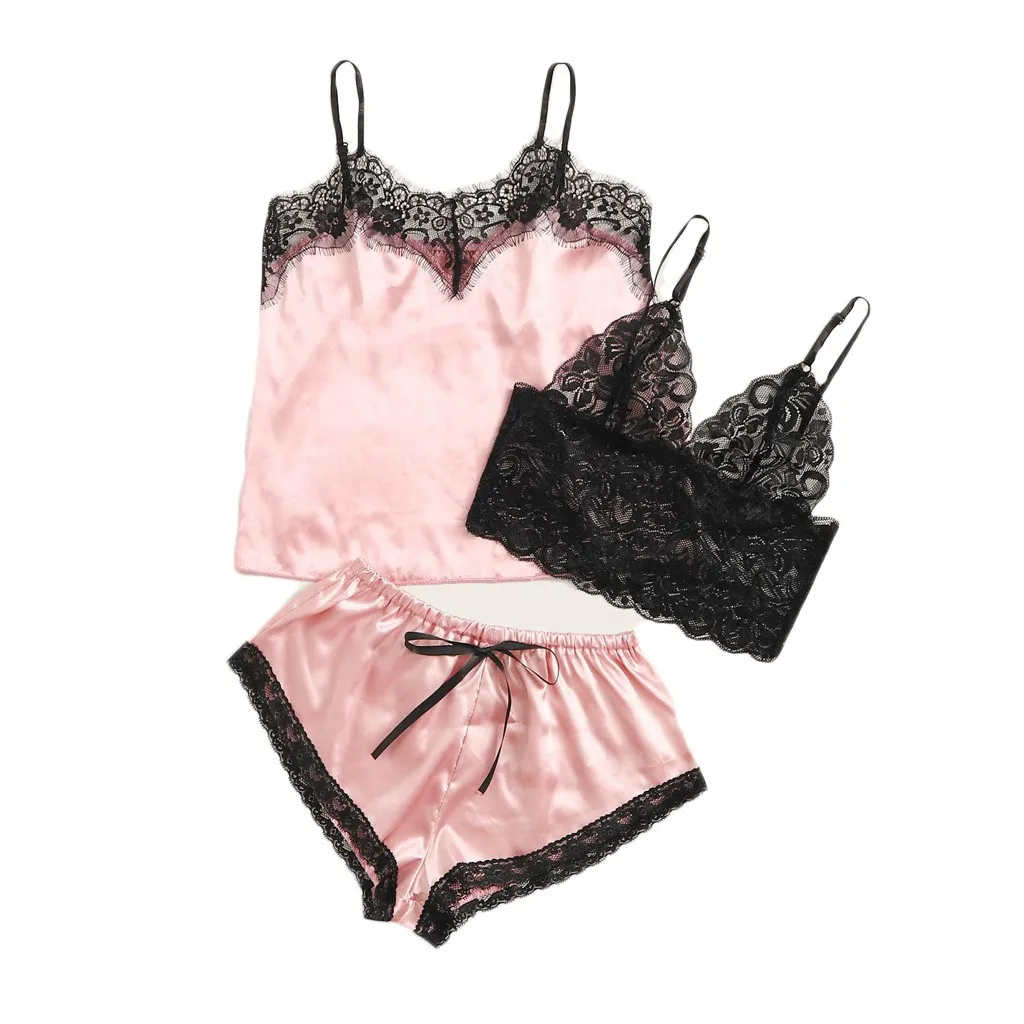 

3PCS Women Satin Lace Pajamas Lingerie Trim Cami Bowknot Silk Camisole Shorts Pajamas Set Women Sleeveless Sexy Summer Sleepwear