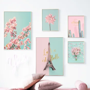 

Paris Tower Cactus Flower Peach Blossom Wall Art Canvas Painting Nordic Posters And Prints Wall Pictures For Living Room Decor