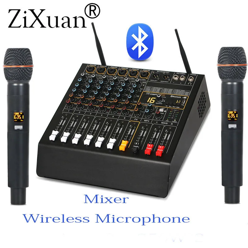 Профессиональный 6 каналов цифровой эффект Мощность усилитель Студия аудио микшерный пульт с Bluetooth USB микшерный пульт+ 2 Беспроводной Mic