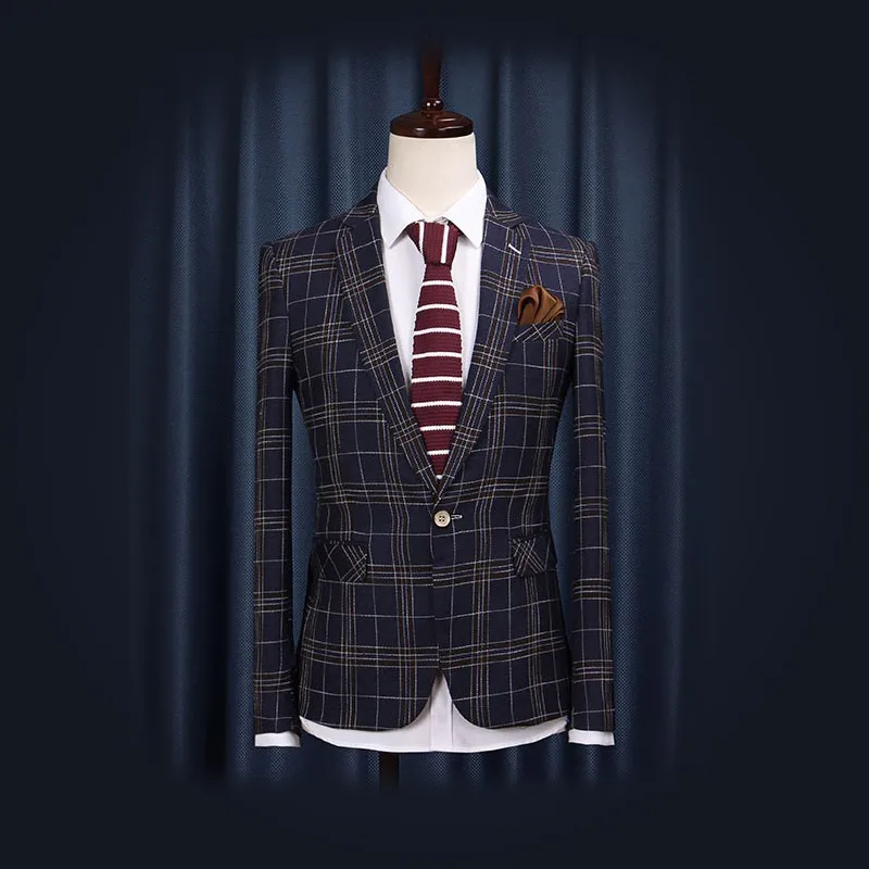 

Free Shipping 2015 New Spring Men Apparel Fashion Clothing Man Suit Blazer Slim Casual Formal Plaid Korean Style Slim One Button