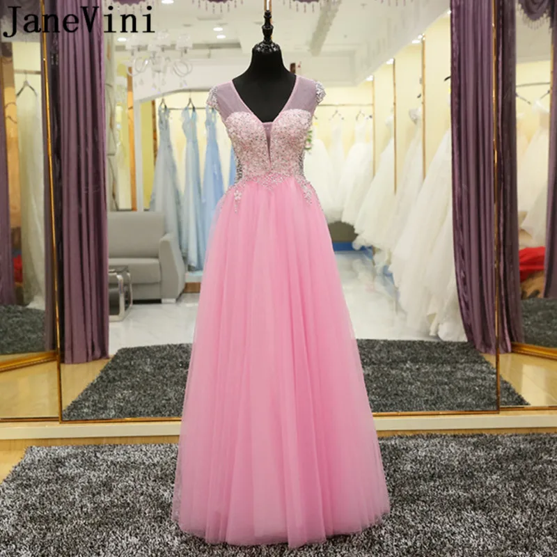 JaneVini 2018 Sexy Crystal Sequin Bruidsmeisjekleding Meisje Met Kralen Roze Tule V-hals Lange Dames Trouwjurken Partij JaneVini 2018 Sexy Crystal Sequin Bruidsmeisjekleding Meisje Met Kralen Roze Tule V-hals Lange Dames Trouwjurken Partij