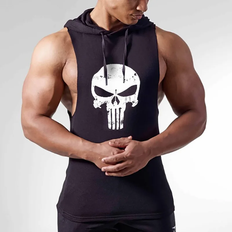 

2018 Men's Running Sports Loose Vest Letters Print Fitness Camping hooded T-Shirt Quick-drying Gym Sweatshirt Training Top