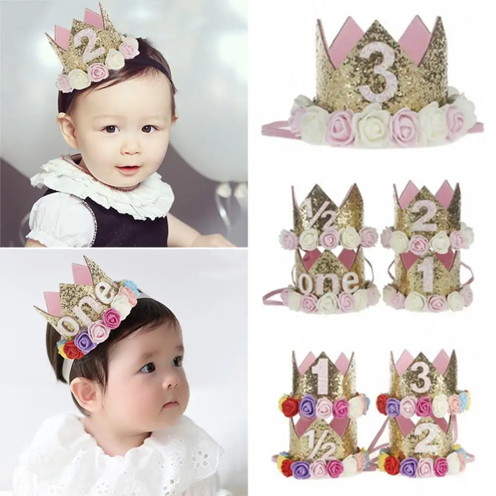 Детский первый Декор ко дню рождения, Цветочные Вечерние шапки, корона, повязка на голову, От 1 до 3 лет, номер принцессы, стиль, день рождения, шляпа, аксессуары для волос новорожденного
