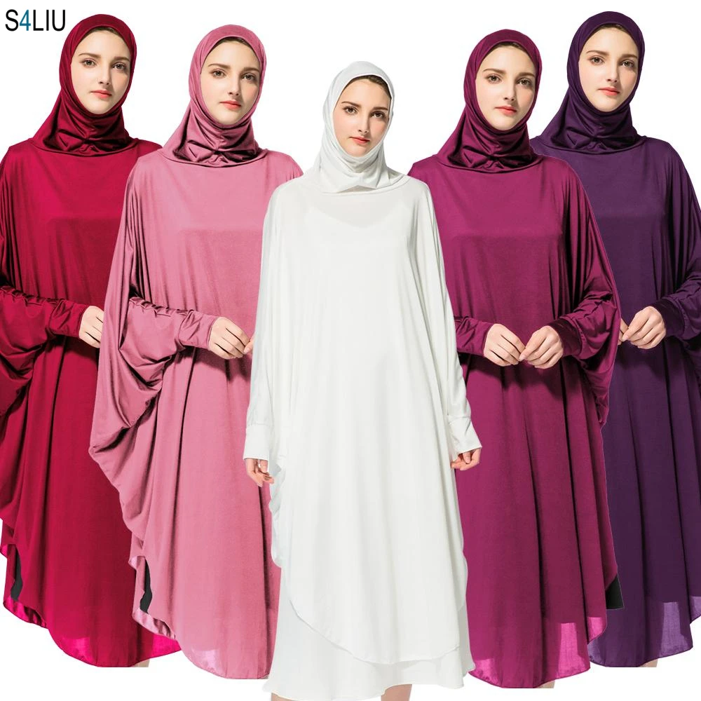 

New Women Muslim Worship Lady Thobe Gown Hijab Prayer Bat Sleeve Middle East Robe Islamic With Hood Abaya Praying Hijab Dress