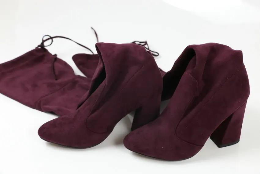 ESVEVA/ г. Женские ботинки ботфорты из флока женские ботинки с круглым носком женские вечерние сапоги из эластичной ткани в западном стиле Большой размер 34-43 - Цвет: Бордовый