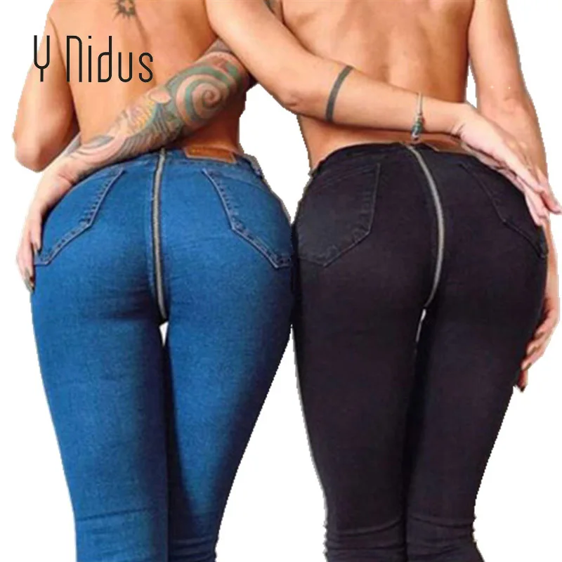 

Y Nidus Jeans Woman With High Waist Female Denim Long Blue Pants Ripped Skinny jeans with zipper in the back Black Jeans Femme