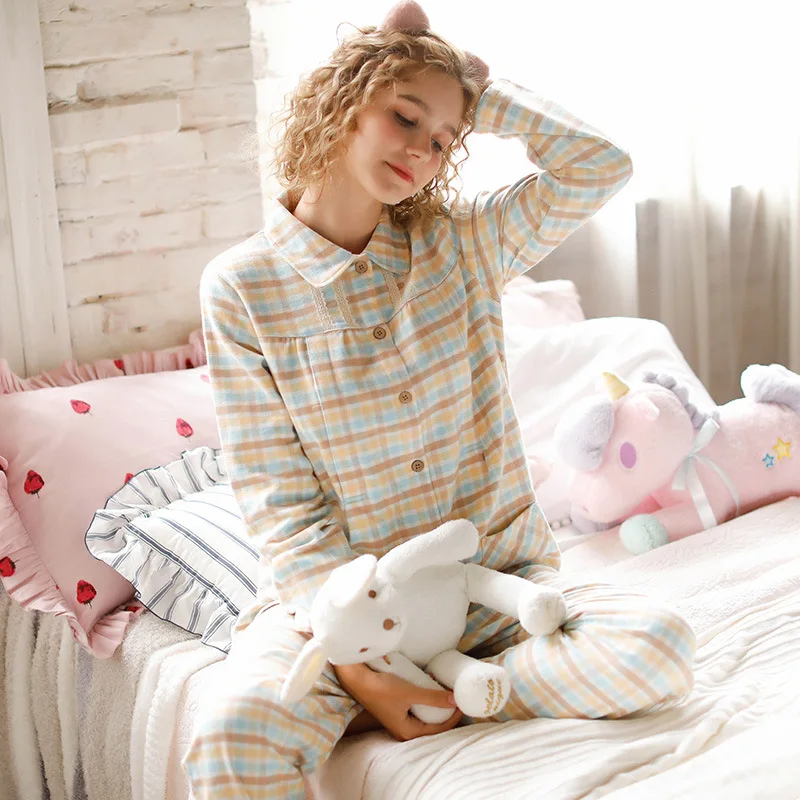 

2019 New Cotton Lapel Color Plaid Casual Fresh Pajamas Set