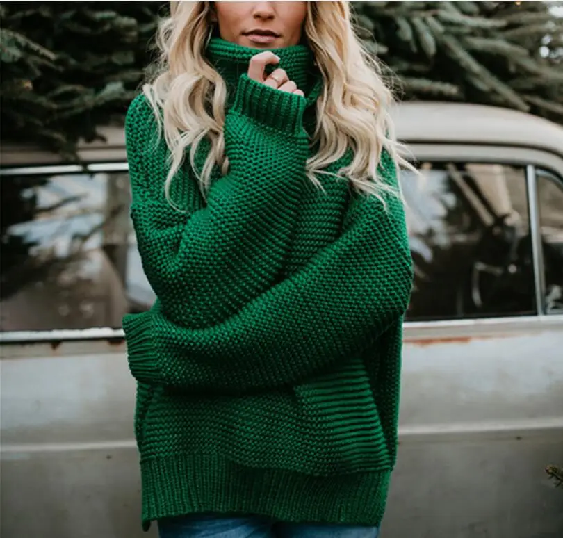 

2019 Autumn Winter Vintage Long Sweater Women Tops Turtleneck Loose Pullover Knitted Sweater Solid Wild Fashion Female QH1922