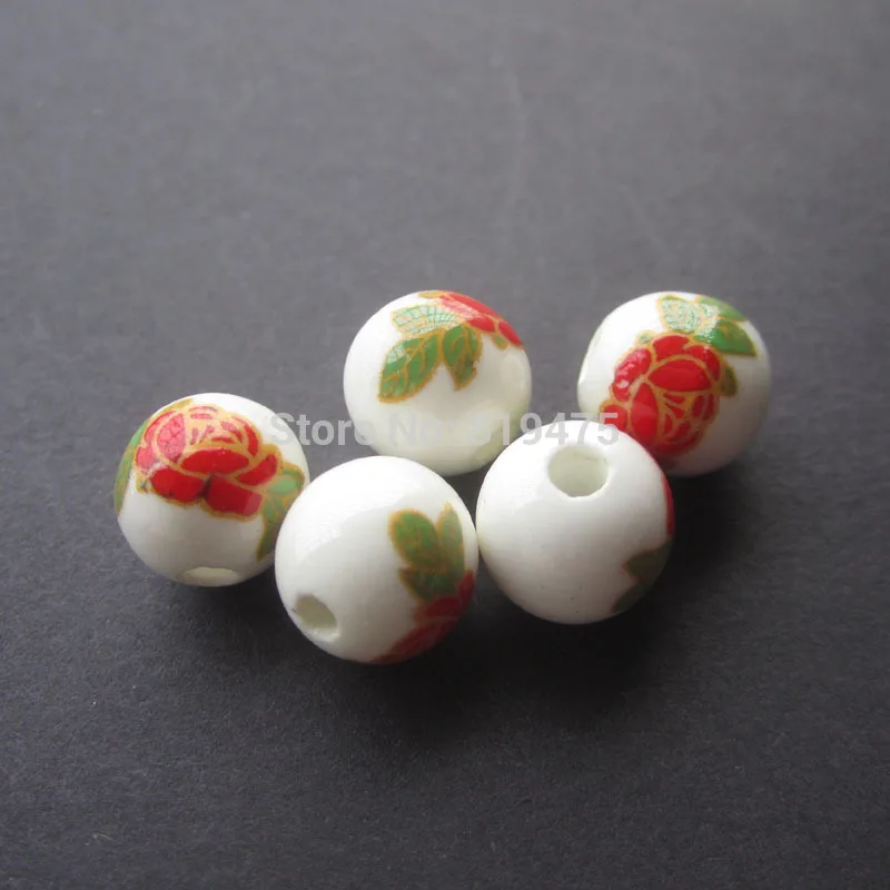 10mm 20Pieces Ceramic Beads White with Red Rose for jewelry makingin